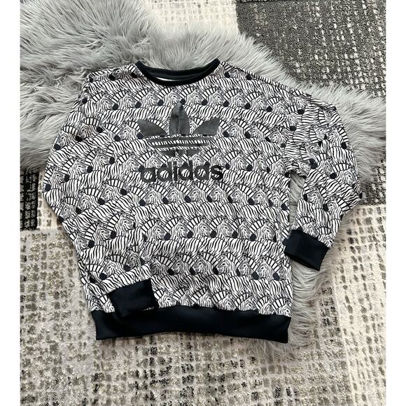 Adidas Sweatshirt Girls L Zebra Crew Pullover Trefoil Sweater Black White Sporty - Picture 1 of 3